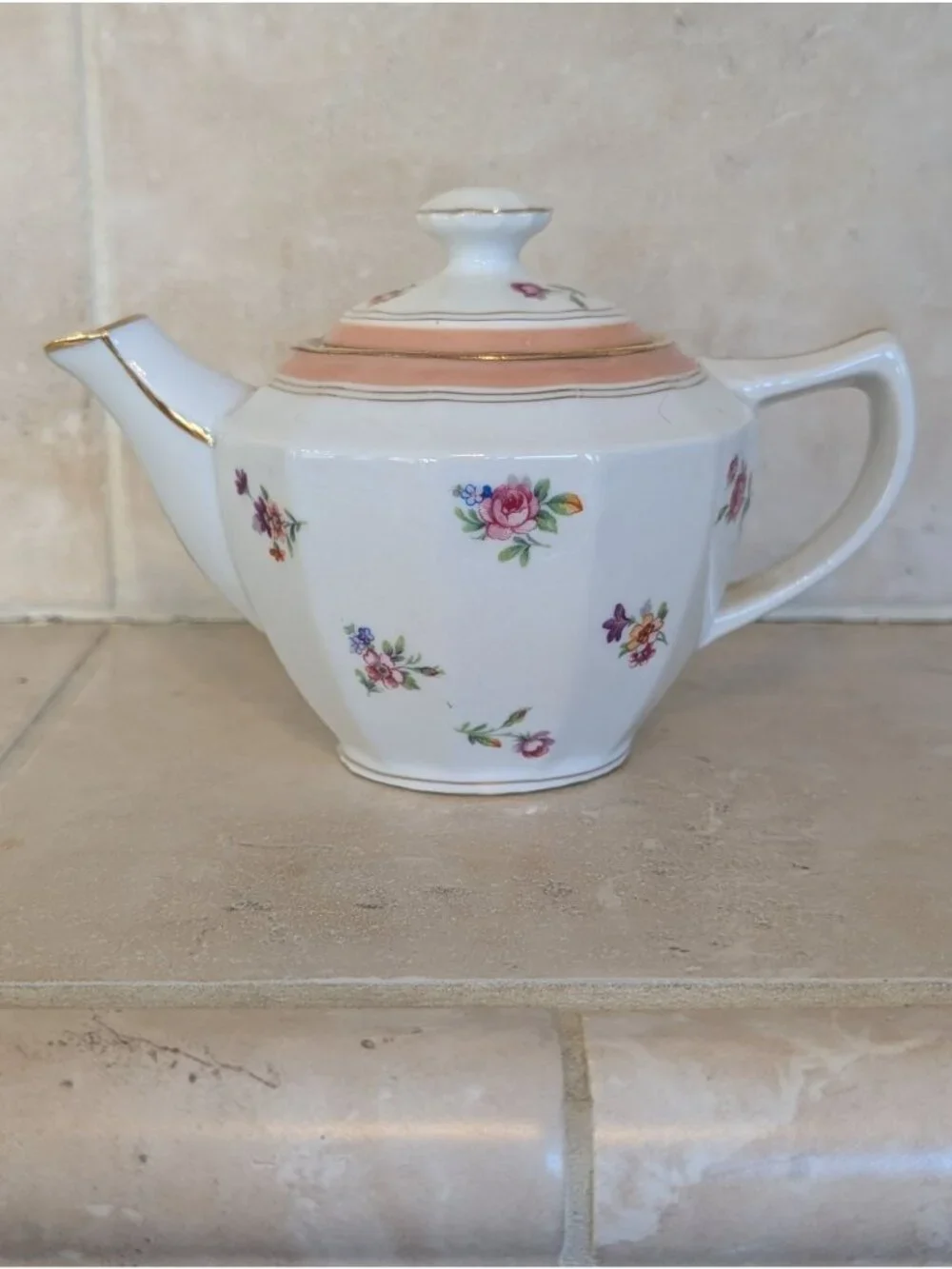 Vintage Faceted Porcelain Teapot MCM Floral Pattern Gold Gilt Trim Elegant